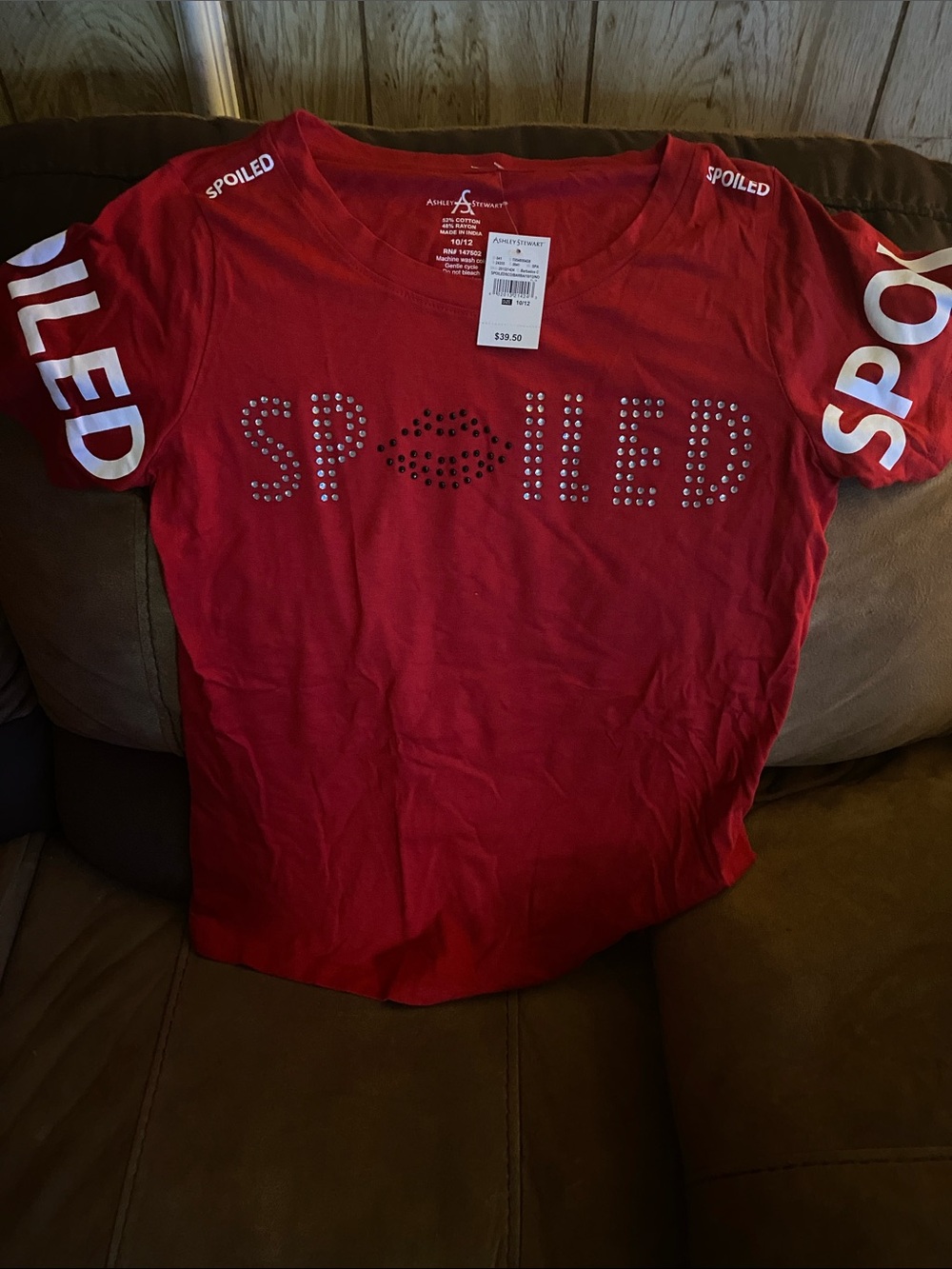 Ashley Stewart Red Kids Tee with Studded "Spoiled" and Lip Accent